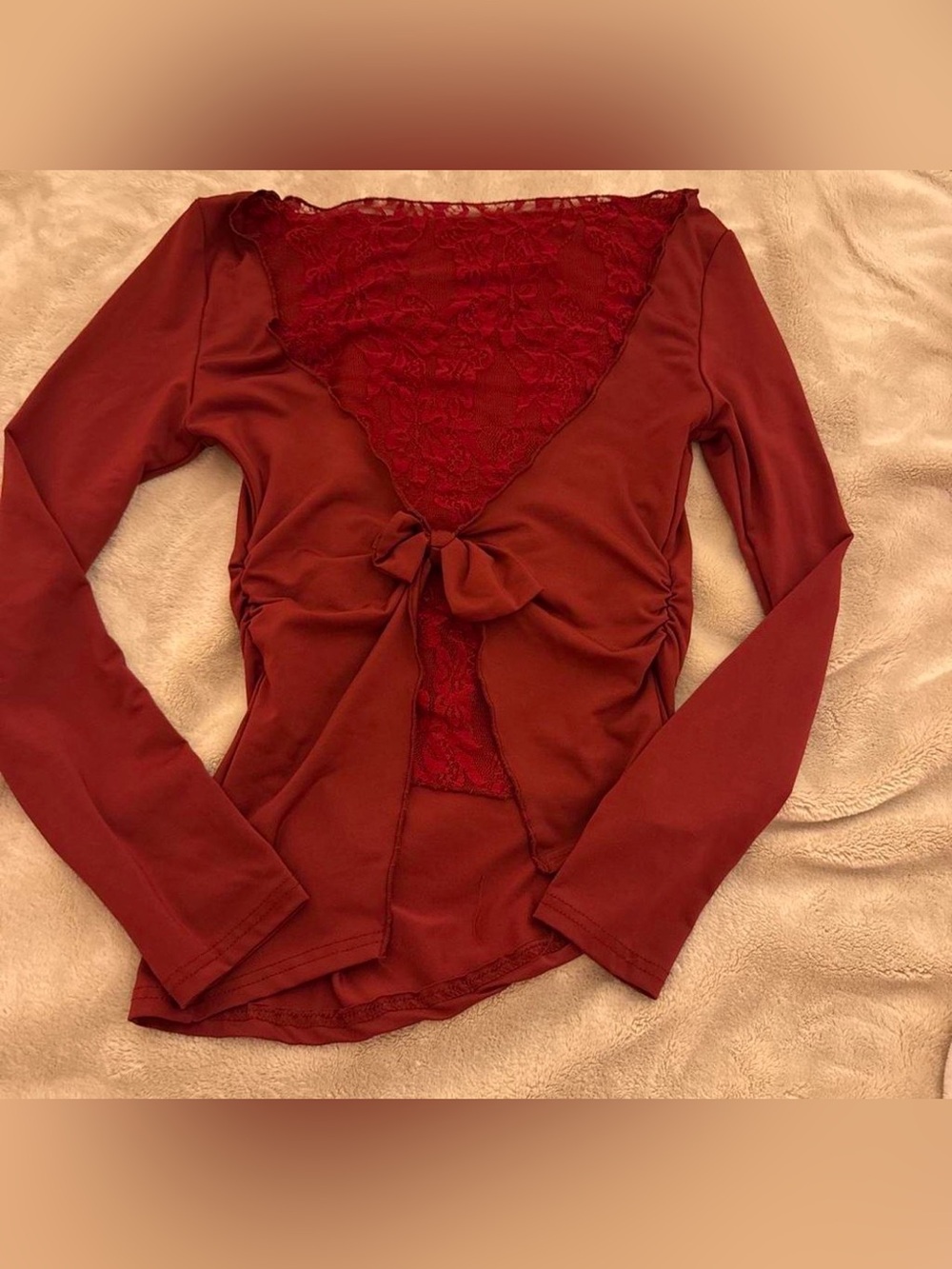 SHEIN Rust Red Long Sleeve Lace-Back Tie Front Top